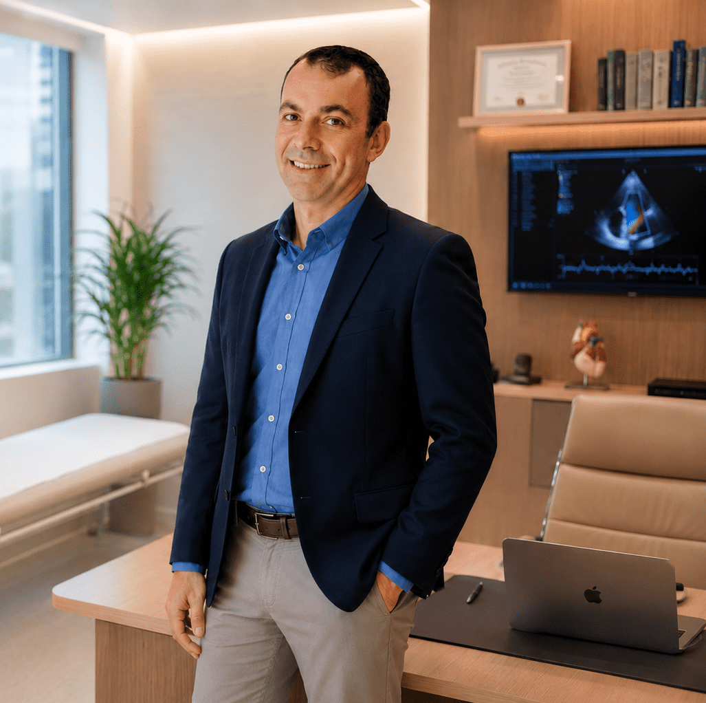 Dr. Calos Eduardo Passarini em consultório de cardiologia